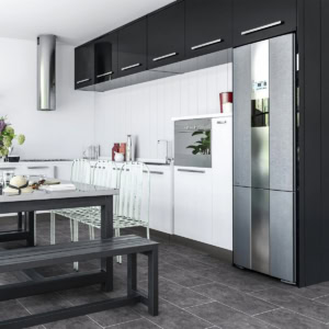 Modern kitchen with black cabinets and steel appliances