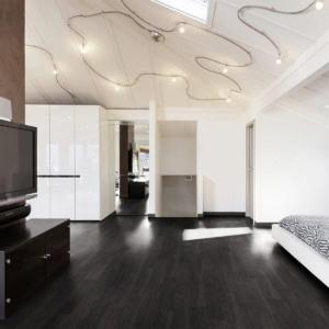 Modern interior with unique ceiling lights and dark floor