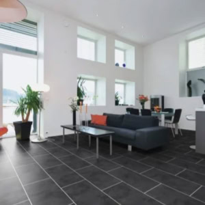 Modern living room with sofa and large windows