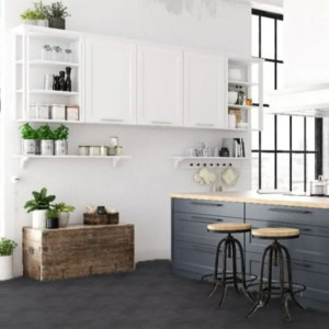 Modern kitchen with white cabinets and wooden accents