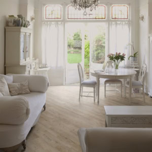 Elegant white living room with garden view