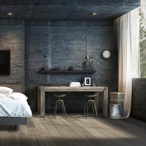 Modern minimalist studio apartment interior with concrete finish