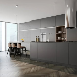 Modern kitchen with sleek grey cabinets and wooden flooring
