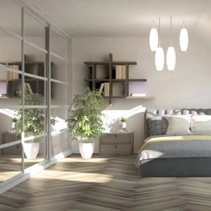 Modern bedroom with plants and stylish lighting