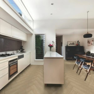 Modern kitchen with skylight and herringbone flooring