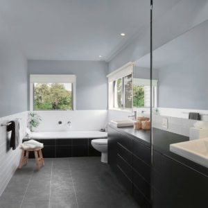 Modern bathroom with black and white decor