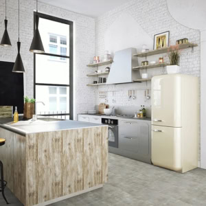 Bright urban kitchen with vintage appliances and white brick.