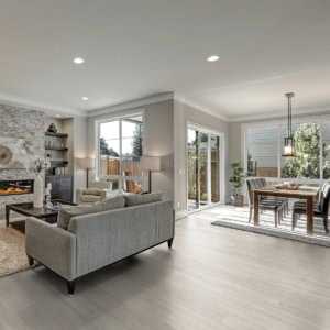 Elegant modern living room with dining area